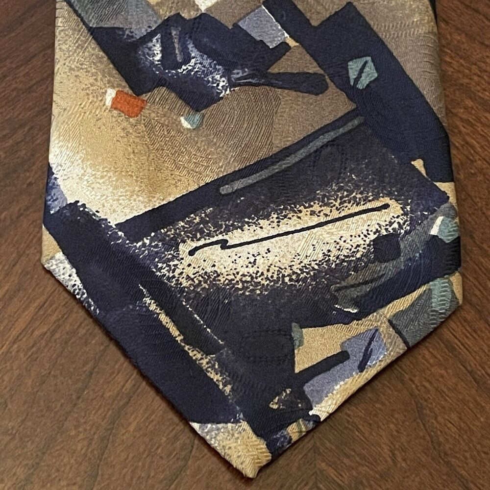 Vintage Stefano Milano Gold Blue HandMade 100% Silk Mens Neck Tie Made In Italy